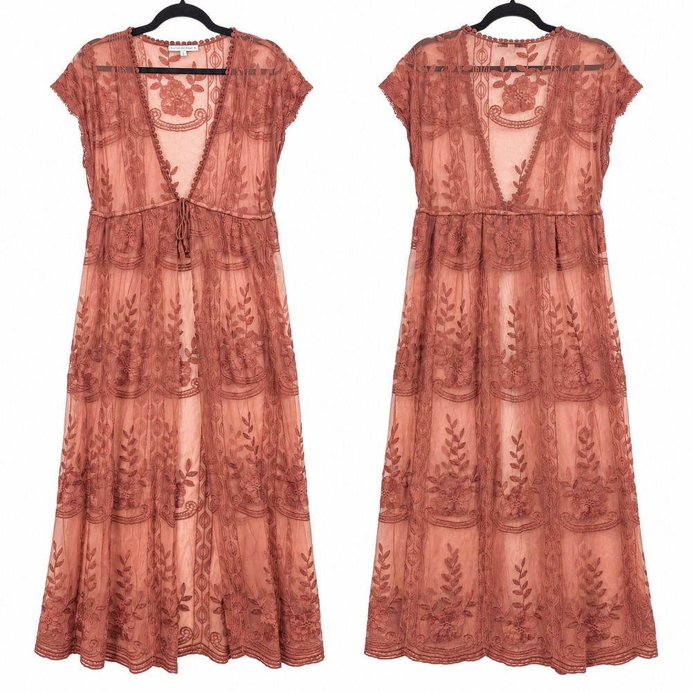 Haute Monde Sheer Embroidered Mesh Maxi Cover Up Duster Size Large